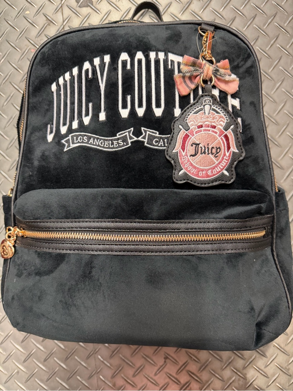 Juicy Couture Black Velvet Backpack with Crest Charm and Bow
